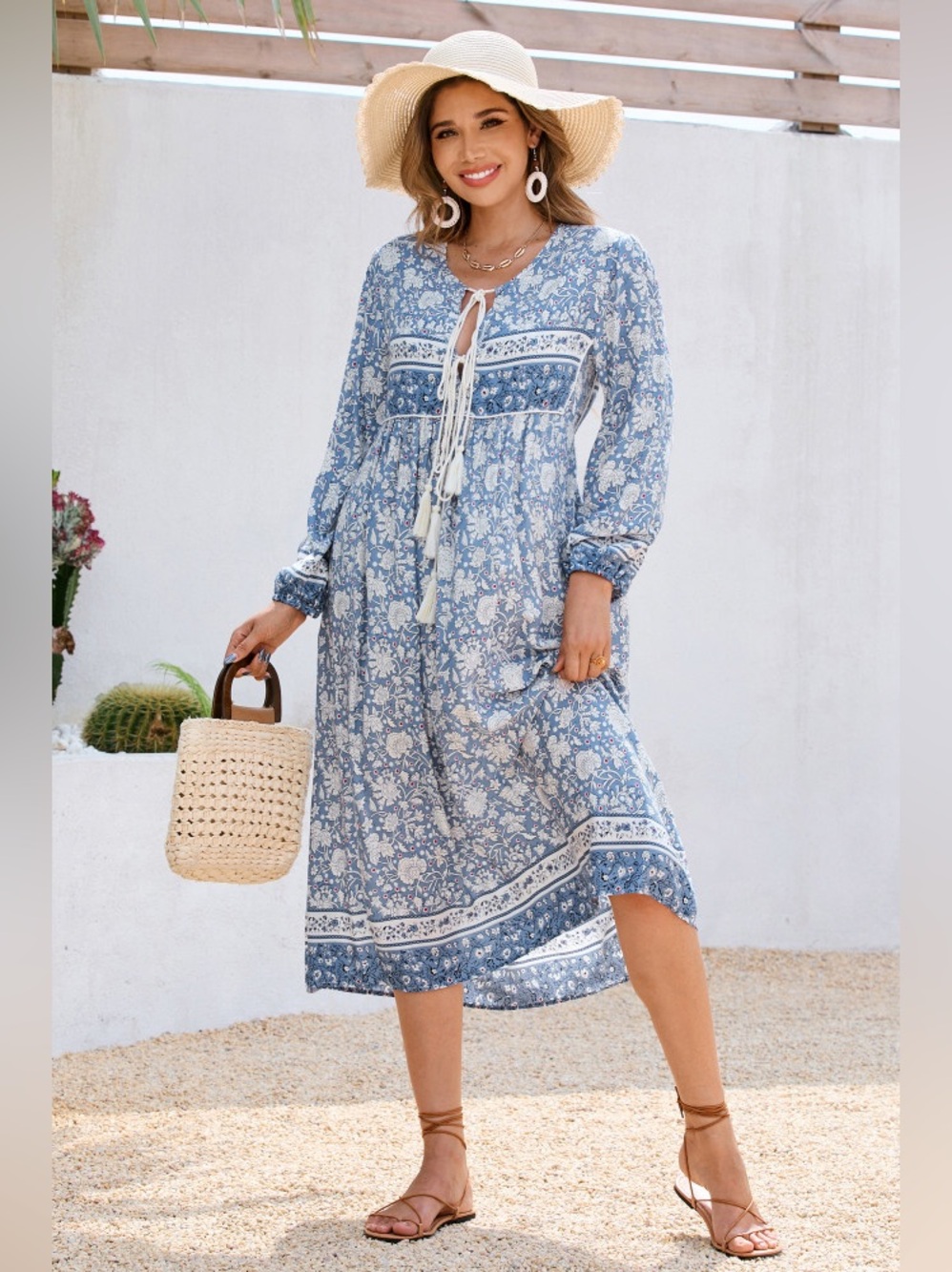 R.Vivimos Long Sleeve Floral V Neck Tassel Bohemian Midi Dresses Size XS NWT